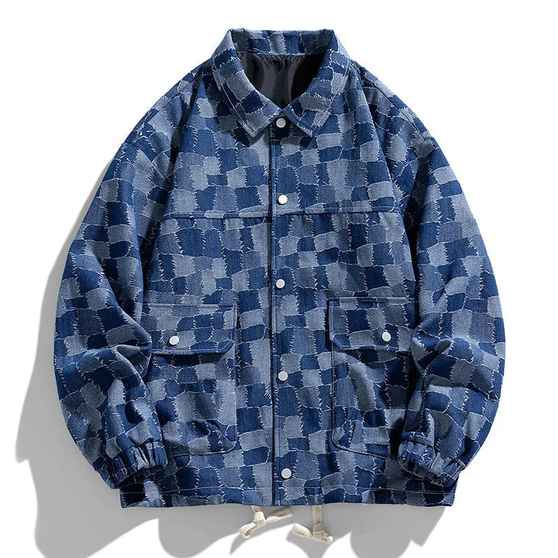 Carter Denim Jacket – Oversized Checkered Pattern Utility Pockets