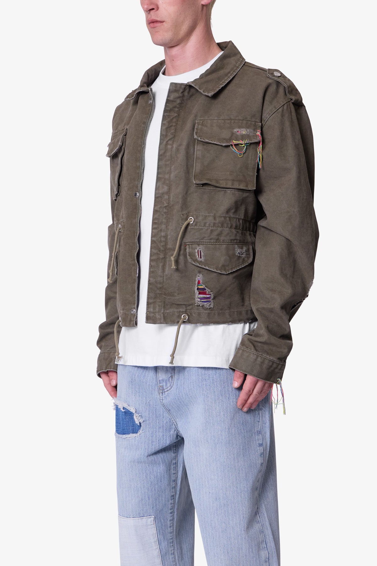 Dissolved Cargo Jacket in Washed Olive – 100% Cotton Canvas, Standard Fit, Cropped Design, 4 Cargo Pockets, Adjustable Waist Drawcord 1