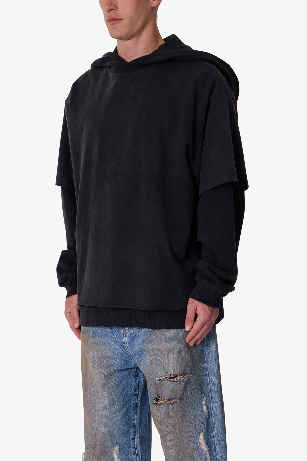 Heavyweight Cotton Layered Hoodie with Tonal Tee – Relaxed Fit in Washed Black for Ultimate Comfort 2
