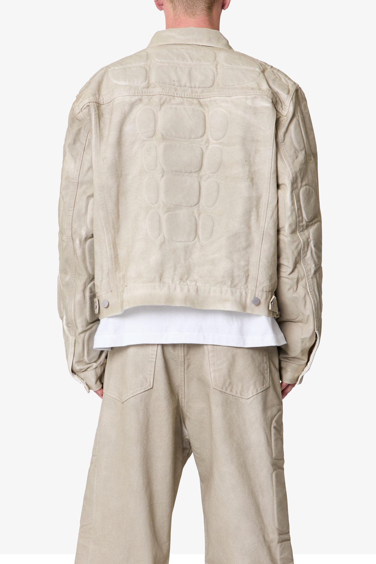 Oversized Off White Moto Trucker Jacket with Cropped Body and Padded Details – Stylish Casual Outerwear for Layering 4