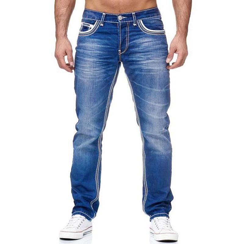 Slim Fit Distressed Jeans – Contrast Stitching Tapered Five-Pocket