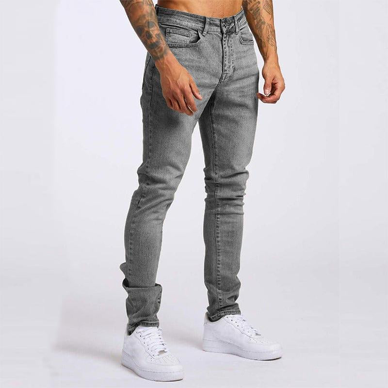 Slim Fit Distressed Jeans – Contrast Stitching Tapered Five-Pocket